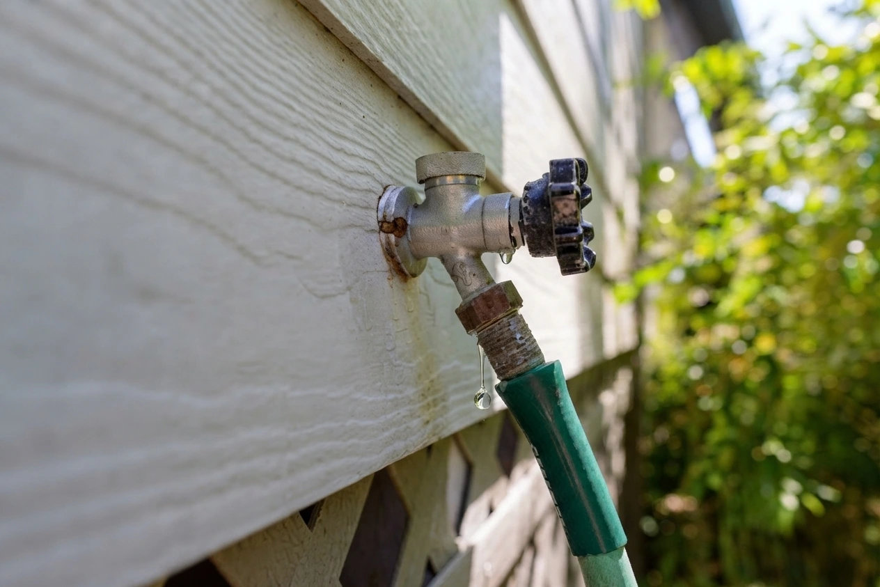 Outdoor faucet with garden hose showing low water pressure in Topeka KS